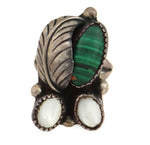 Navajo - Malachite, Moonstone, and Silver Ring with Feather Design c. 1960s, size 5.5
