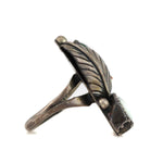 Navajo - Malachite, Moonstone, and Silver Ring with Feather Design c. 1960s, size 5.5