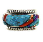 Raymond C. Yazzie (b. 1959) - Navajo - "The Rainbow People" Contemporary Lone Mountain Turquoise, 14K Gold, and Multi-Stone Inlay Sterling Silver Ring, size 8