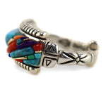 Raymond C. Yazzie (b. 1959) - Navajo - "The Rainbow People" Contemporary Lone Mountain Turquoise, 14K Gold, and Multi-Stone Inlay Sterling Silver Ring, size 8