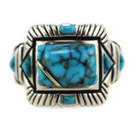 Raymond C. Yazzie (b. 1959) - "Star People" Contemporary Natural High-Grade Lone Mountain Turquoise, 14K Gold, and Sterling Silver Ring, size 8