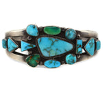 Navajo - Turquoise Cluster and Silver Bracelet with Stamped Design c. 1940-50s, size 6.5