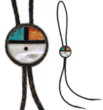 Zuni - Multi-Stone Inlay, Silver, and Leather Sunface Kachina Bolo Tie c. 1950s, 2" diameter bolo