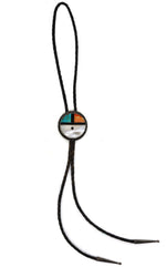 Zuni - Multi-Stone Inlay, Silver, and Leather Sunface Kachina Bolo Tie c. 1950s, 2" diameter bolo