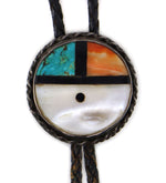 Zuni - Multi-Stone Inlay, Silver, and Leather Sunface Kachina Bolo Tie c. 1950s, 2" diameter bolo