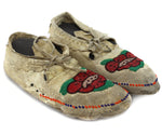 Chippewa Leather Beaded Moccasins with Floral Design c. 1890s, 2.75" x 4" x 9.5"