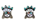 Zuni - Multi-Stone Channel Inlay and Silver Sunface Kachina Post Earrings c. 1950s, 1" x 0.75"