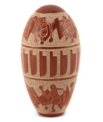 Forrest Naranjo (b. 1963) - Santa Clara Redware Sgraffito Seed Jar with with Dancers and Feathers c. 1980-90s, 4" x 2"