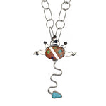 Rodney Coriz - Santo Domingo (Kewa) - Contemporary Necklace with Female Orange Spiny Oyster and Multi-Stone Inlay Sterling Silver Pendant with Handmade Chain, 27" length