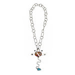 Rodney Coriz - Santo Domingo (Kewa) - Contemporary Necklace with Female Orange Spiny Oyster and Multi-Stone Inlay Sterling Silver Pendant with Handmade Chain, 27" length