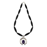 Miramontes - Necklace with Russian Charoite and Silver Naja on Long Faceted Onyx Beads, 26" length
