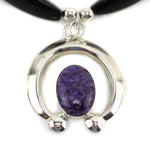 Miramontes - Necklace with Russian Charoite and Silver Naja on Long Faceted Onyx Beads, 26" length