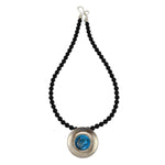 Miramontes - Necklace - Morenci Turquoise with Pyrite Inclusions on Sterling Silver Disk with Onyx Beads, 24" length