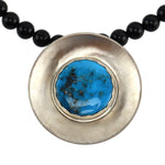 Miramontes - Necklace - Morenci Turquoise with Pyrite Inclusions on Sterling Silver Disk with Onyx Beads, 24" length