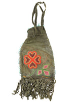 Possibly Iroquois Leather Beaded Utility Bag with Floral Design c. 1890s, 16" x 6.75"