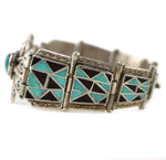 Zuni / Navajo - Turquoise, Jet, and Silver Channel Inlay Bracelet c. 1940s, size 8
