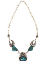 Navajo - Turquoise and Silver Link Necklace with Feather and Floral Design c. 1960s, 18" length