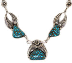 Navajo - Turquoise and Silver Link Necklace with Feather and Floral Design c. 1960s, 18" length