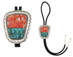 Frank Patania Sr. (1899-1964) & Thunderbird Shop - Spiny Oyster/Turquoise Mosaic Inlay, Sterling Silver, and Leather Bolo Tie c. 1940-50s, 3.25" x 2.75" bolo
