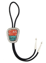 Frank Patania Sr. (1899-1964) & Thunderbird Shop - Spiny Oyster/Turquoise Mosaic Inlay, Sterling Silver, and Leather Bolo Tie c. 1940-50s, 3.25" x 2.75" bolo