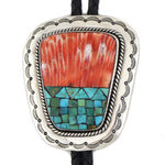 Frank Patania Sr. (1899-1964) & Thunderbird Shop - Spiny Oyster/Turquoise Mosaic Inlay, Sterling Silver, and Leather Bolo Tie c. 1940-50s, 3.25" x 2.75" bolo
