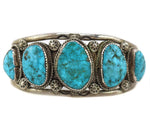 Navajo - Turquoise and Sterling Silver Row Bracelet with Stamped Design c. 1950-60s, size 7