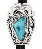 Mary Lou Begay - Navajo - Contemporary Turquoise, Sterling Silver Overlay, and Leather Bolo Tie, 3" x 2" bolo