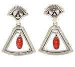 Mary Lou Begay - Navajo - Contemporary Spiny Oyster and Sterling Silver Overlay Post Earrings with Stamped Design, 2.25" x 1.5"