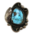 Navajo - Turquoise and Silver Ring with Feather Design c. 1960s, size 6.5