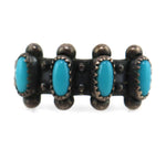 Zuni - Turquoise Petit Point and Silver Ring with Stamped Design c. 1940s, size 7.5