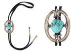 Navajo - Turquoise, Silver Sandcast, and Leather Bolo Tie c. 1950s, 3" x 2.25" bolo
