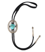 Navajo - Turquoise, Silver Sandcast, and Leather Bolo Tie c. 1950s, 3" x 2.25" bolo