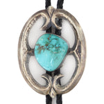 Navajo - Turquoise, Silver Sandcast, and Leather Bolo Tie c. 1950s, 3" x 2.25" bolo
