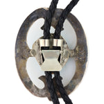 Navajo - Turquoise, Silver Sandcast, and Leather Bolo Tie c. 1950s, 3" x 2.25" bolo