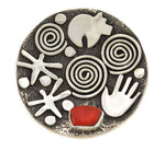 Alex Sanchez (b. 1969) - Navajo - Contemporary Coral and Sterling Silver Overlay Ring with Dragonfly, Bear, and Hand Design, size 7.75