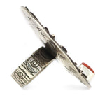 Alex Sanchez (b. 1969) - Navajo - Contemporary Coral and Sterling Silver Overlay Ring with Dragonfly, Bear, and Hand Design, size 7.75