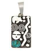 Alex Sanchez (b. 1969) - Navajo - Contemporary Sonoran Gold Turquoise and Sterling Silver Overlay Pendant with Bear, Lighting, and Sunface Kachina Design, 3" x 1.25"