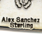 Alex Sanchez (b. 1969) - Navajo - Contemporary Sonoran Gold Turquoise and Sterling Silver Overlay Pendant with Bear, Lighting, and Sunface Kachina Design, 3" x 1.25"