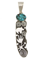 Alex Sanchez (b. 1969) - Navajo - Contemporary Kingman Turquoise and Sterling Silver Overlay Pendant with Bear, Hand, and Dragonfly Design, 4.75" x 1"