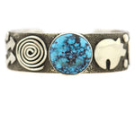 Alex Sanchez (b. 1969) - Navajo - Contemporary Kingman Turquoise and Sterling Silver Overlay Pictorial Bracelet, size 6.5