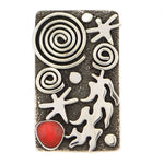 Alex Sanchez (b. 1969) - Navajo - Contemporary Coral and Sterling Silver Overlay Ring with Dragonfly, Cornstalk, and Spiral Design, size 7.25