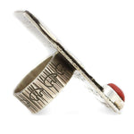 Alex Sanchez (b. 1969) - Navajo - Contemporary Coral and Sterling Silver Overlay Ring with Dragonfly, Cornstalk, and Spiral Design, size 7.25
