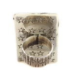 Alex Sanchez (b. 1969) - Navajo - Contemporary Coral and Sterling Silver Overlay Ring with Dragonfly, Cornstalk, and Spiral Design, size 7.25