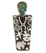 Alex Sanchez (b. 1969) - Navajo - Contemporary Kingman Turquoise and Sterling Silver Overlay Ring with Dragonfly, Bear, and Sunface Kachina Design, size 7.75