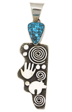 Alex Sanchez (b. 1969) - Navajo - Contemporary Kingman Turquoise and Sterling Silver Overlay Pendant with Bear, Hand, and Spiral Design, 4" x 1.125"