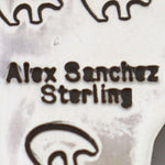 Alex Sanchez (b. 1969) - Navajo - Contemporary Kingman Turquoise and Sterling Silver Overlay Pendant with Bear, Hand, and Spiral Design, 4" x 1.125"