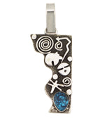 Alex Sanchez (b. 1969) - Navajo - Contemporary Kingman Turquoise and Sterling Silver Overlay Pendant with Bear, Dragonfly, and Sunface Kachina Design, 3.375" x 1.375"