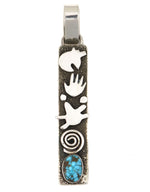 Alex Sanchez (b. 1969) - Navajo - Contemporary Kingman Turquoise and Sterling Silver Overlay Pendant with Bear, Hand, and Spiral Design, 3.25" x 0.5"