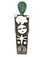 Alex Sanchez (b. 1969) - Navajo - Contemporary Kingman Turquoise and Sterling Silver Overlay Ring with Bear, Sunface Kachina, and Dragonfly Design, size 8.5