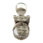 Alex Sanchez (b. 1969) - Navajo - Contemporary Kingman Turquoise and Sterling Silver Overlay Ring with Bear, Sunface Kachina, and Dragonfly Design, size 8.5